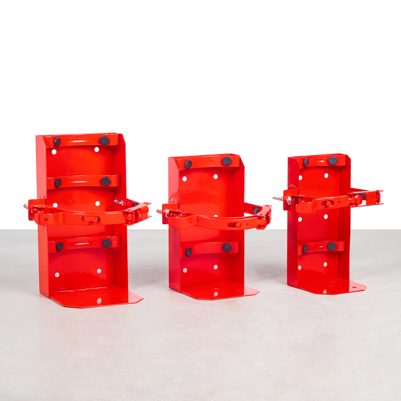 Three red heavy duty marine brackets in different sizes arranged side by side against a white background
