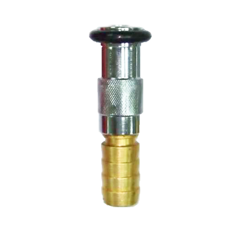 A chrome copper alloy hosereel nozzle with a black adjustment knob on top and gold-plated body.